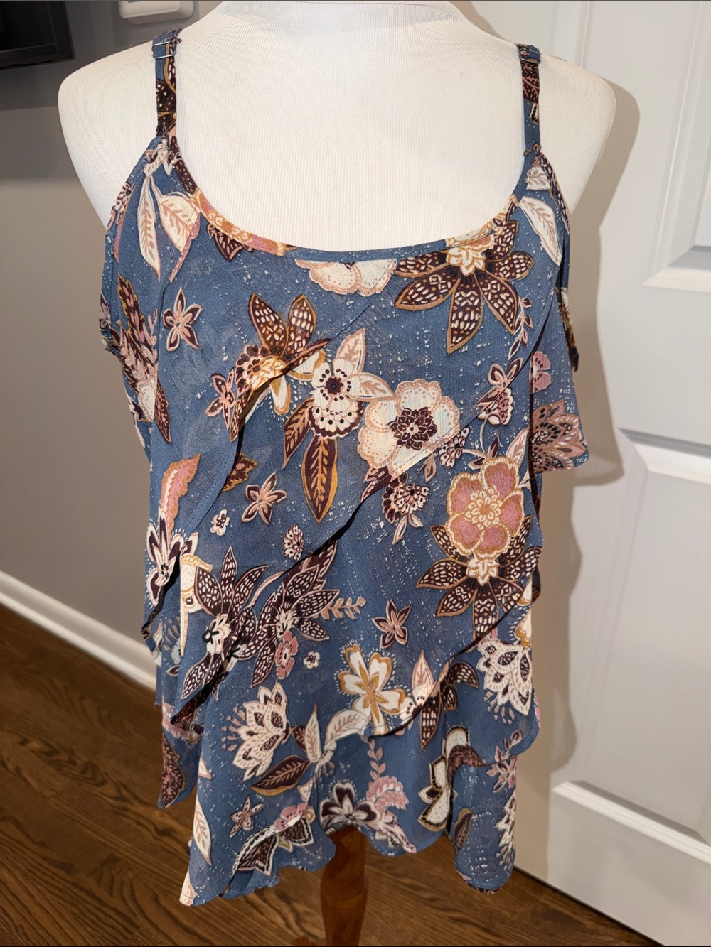 Maurices Blue Floral Ruffle Camisole with Pink & Cream Accents